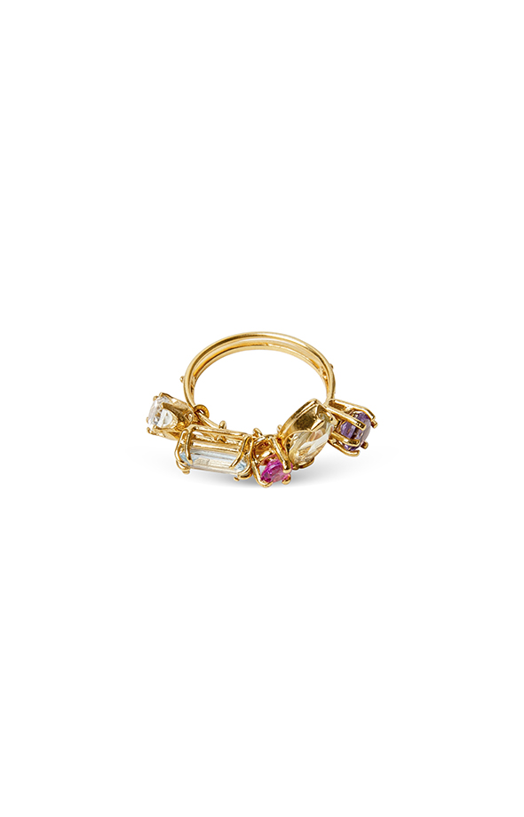 Gold ring et with lemon quartz, pink sapphire, amethyst, blue topaz and green amethyst