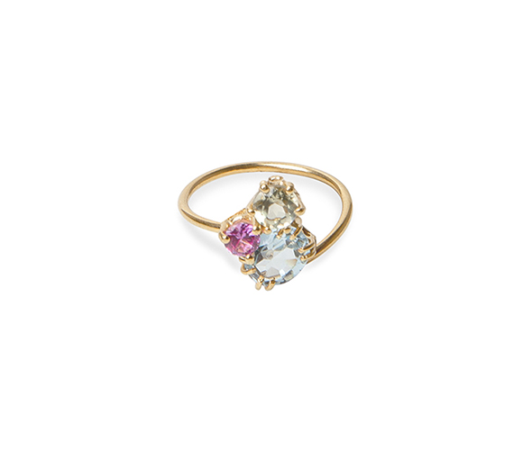 Gold ring ring set with lemon quartz, pink sapphire and blue topaz