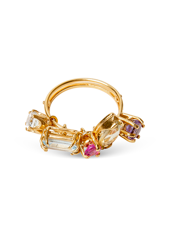 Gold ring et with lemon quartz, pink sapphire, amethyst, blue topaz and green amethyst